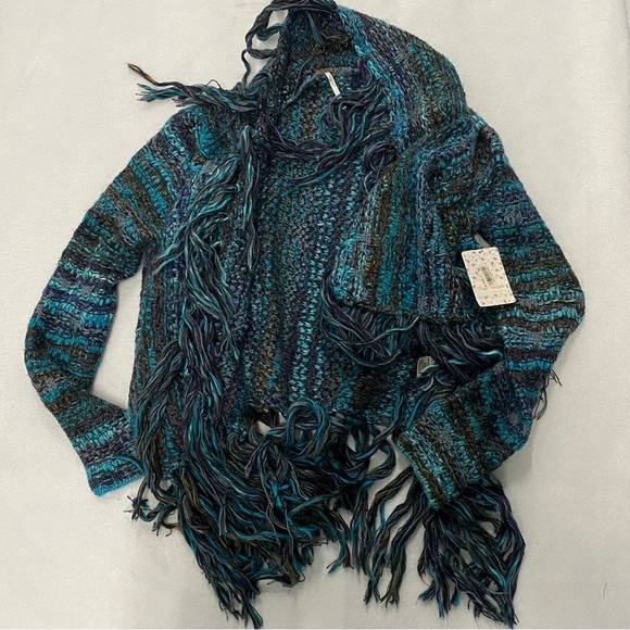 Free People Birkenstock Fringe Cascading Cardigan Sweater Blue Large - Picture 2 of 10
